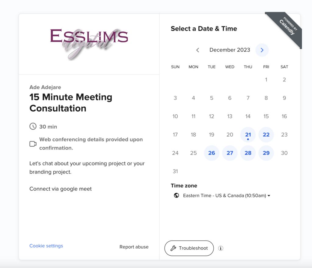 Esslims booking calendar